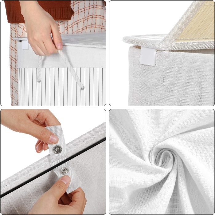 SONGMICS Cos de rufe din bambus cu capac, 2 compartimente, sac detasabil, volum 100L, 52x32x62cm, alb [6]