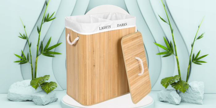 SONGMICS Cos de rufe din bambus cu capac, 2 compartimente, sac detasabil, volum 100L, 52x32x62cm, maro [13]