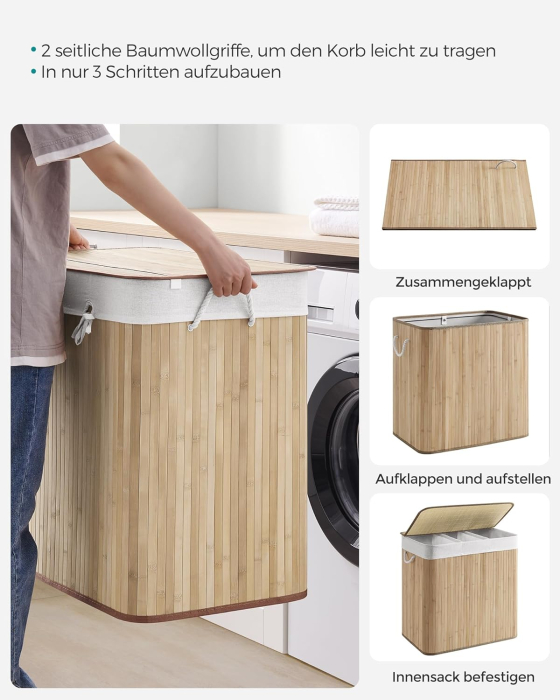 SONGMICS Cos de rufe din bambus, pliabil, cu captuseala detasabila lavabila, 3 compartimente, 150L, 60x40x60cm, natural [9]