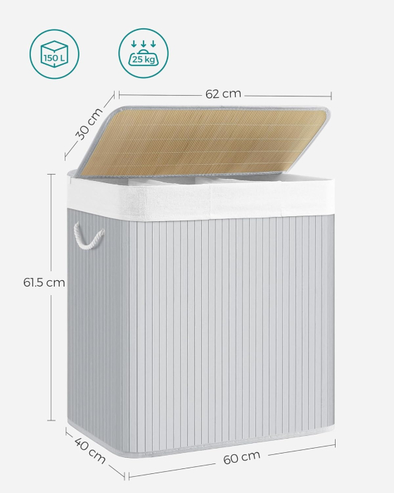 SONGMICS Cos de rufe din bambus, pliabil, cu captuseala detasabila lavabila, 3 compartimente, 150L, 60x40x62cm, gri [5]