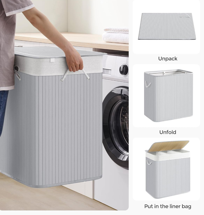 SONGMICS Cos de rufe din bambus, pliabil, cu captuseala detasabila lavabila, 3 compartimente, 150L, 60x40x62cm, gri [7]