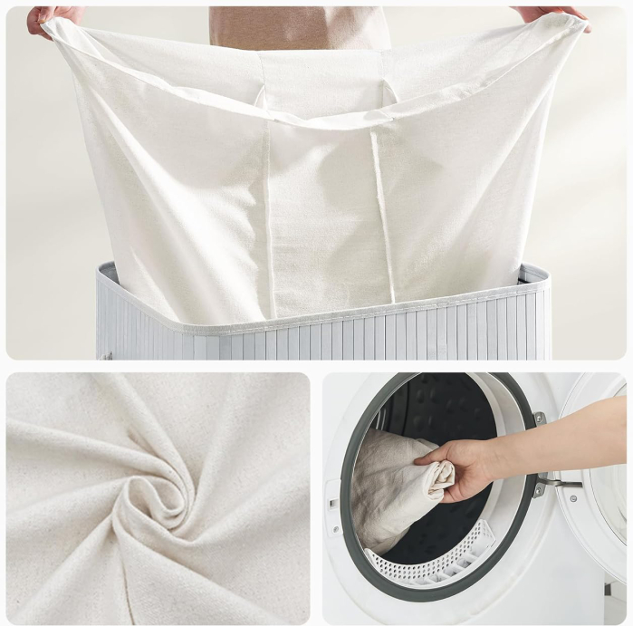 SONGMICS Cos de rufe din bambus, pliabil, cu captuseala detasabila lavabila, 3 compartimente, 150L, 60x40x62cm, gri [6]