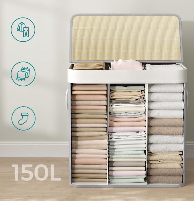SONGMICS Cos de rufe din bambus, pliabil, cu captuseala detasabila lavabila, 3 compartimente, 150L, 60x40x62cm, gri [3]