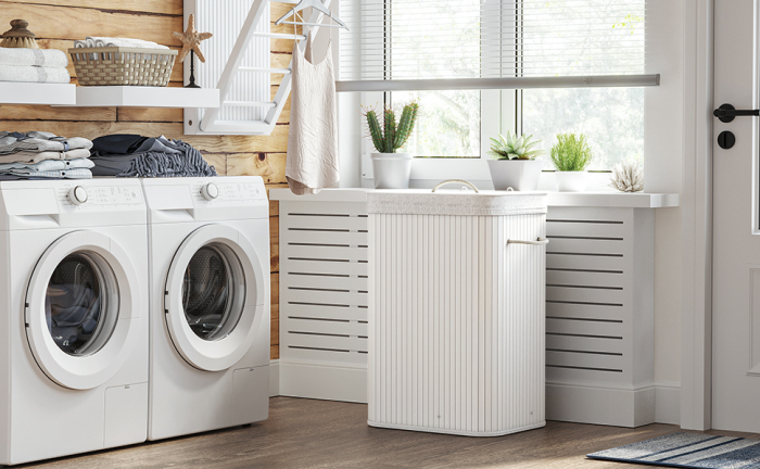 SONGMICS Cos de rufe din bambus, pliabil, cu captuseala detasabila lavabila, 72L, 40x30x60cm, alb [2]