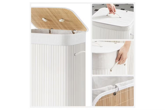 SONGMICS Cos de rufe din bambus, pliabil, cu captuseala detasabila lavabila, 72L, 40x30x60cm, alb [10]