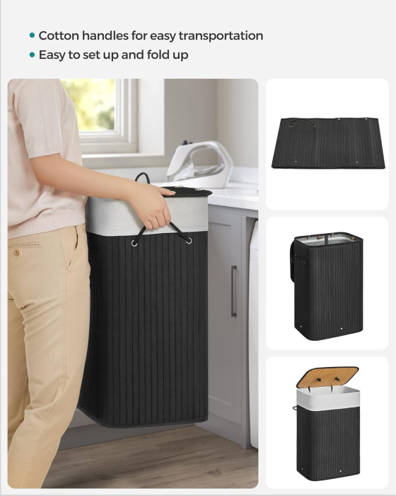 SONGMICS Cos de rufe din bambus, pliabil, cu captuseala detasabila lavabila, 72L, 40x30x60cm, negru [5]