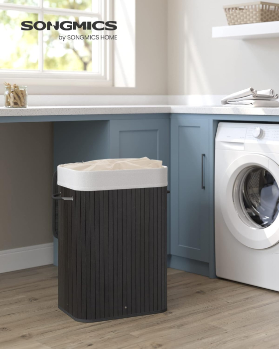 SONGMICS Cos de rufe din bambus, pliabil, cu captuseala detasabila lavabila, 72L, 40x30x60cm, negru [2]