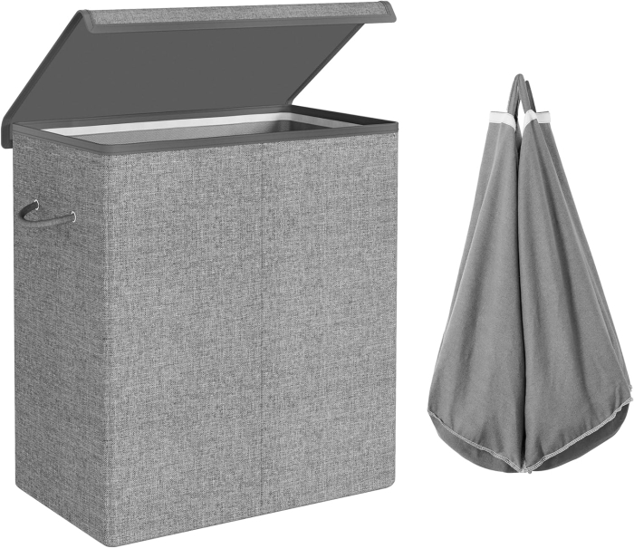 SONGMICS Cos de rufe textil, pliabil, 2 compartimente, saci detasabili, 142L, 60x36x66cm, gri [2]