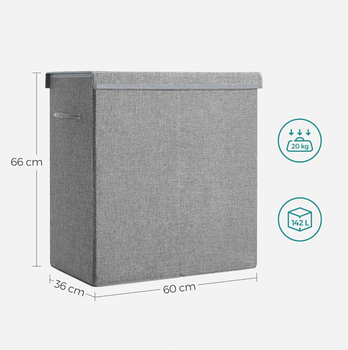 SONGMICS Cos de rufe textil, pliabil, 2 compartimente, saci detasabili, 142L, 60x36x66cm, gri [8]