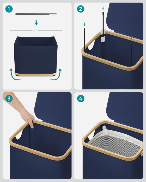 SONGMICS Cos de rufe textil, pliabil, compartiment detasabil, 90L, 42x32x71 cm, albastru [9]