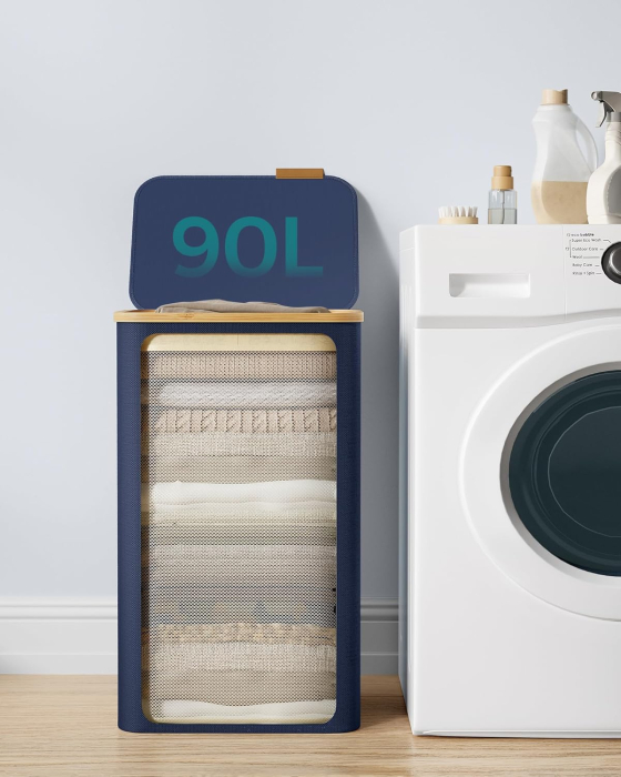 SONGMICS Cos de rufe textil, pliabil, compartiment detasabil, 90L, 42x32x71 cm, albastru [4]