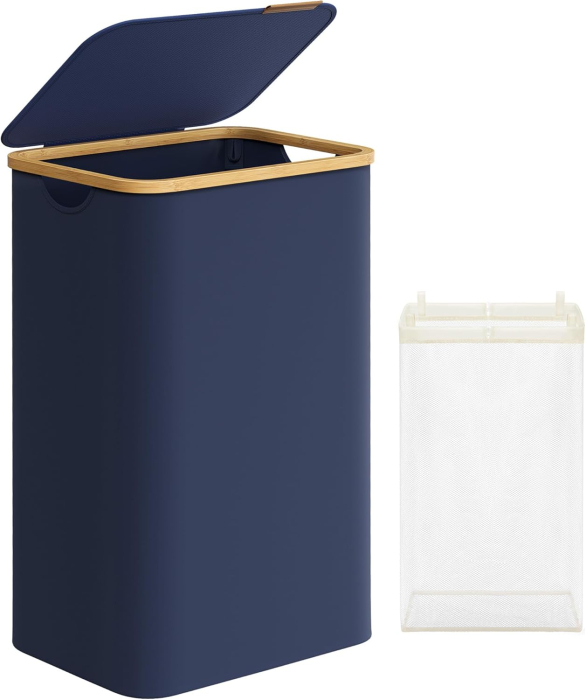 SONGMICS Cos de rufe textil, pliabil, compartiment detasabil, 90L, 42x32x71 cm, albastru [2]