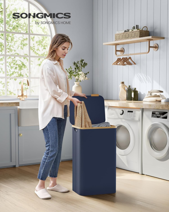 SONGMICS Cos de rufe textil, pliabil, compartiment detasabil, 90L, 42x32x71 cm, albastru [3]