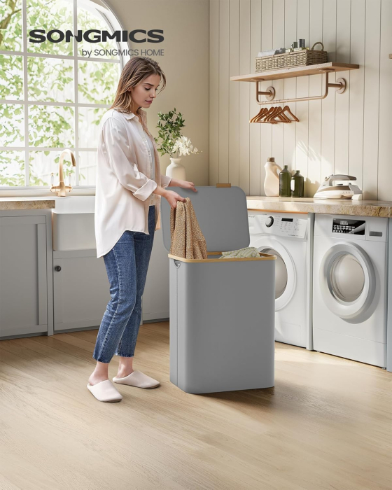 SONGMICS Cos de rufe textil, pliabil, cu 2 compartimente detasabile, 130L, 52x39x71 cm, gri [3]