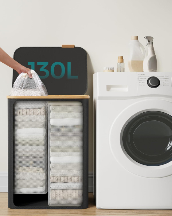 SONGMICS Cos de rufe textil, pliabil, cu 2 compartimente detasabile, 130L, 52x39x71 cm, negru [4]