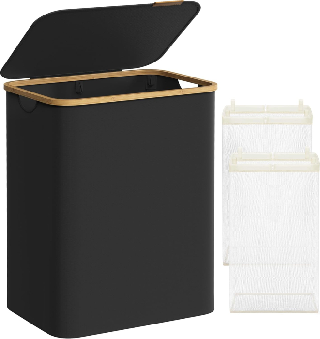 SONGMICS Cos de rufe textil, pliabil, cu 2 compartimente detasabile, 130L, 52x39x71 cm, negru [2]