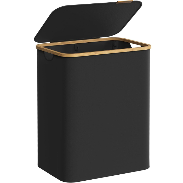 SONGMICS Cos de rufe textil, pliabil, cu 2 compartimente detasabile, 130L, 52x39x71 cm, negru [1]