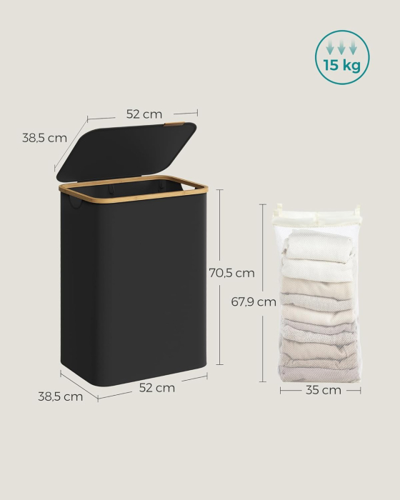 SONGMICS Cos de rufe textil, pliabil, cu 2 compartimente detasabile, 130L, 52x39x71 cm, negru [6]