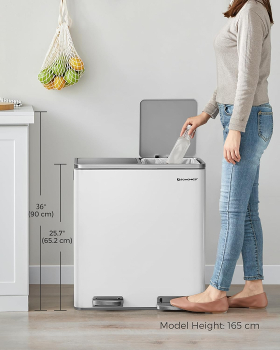 SONGMICS Cos gunoi dublu 59x32x65 cm, 2x30L, cu pedale si galeata detasabila, alb [6]