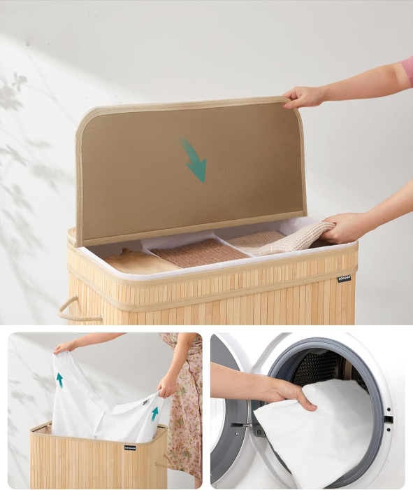SONGMICS Cos rufe 63x42x61 cm, 150L, pliabil cu capac si sac lavabil, bambus si textil, bej natur [4]