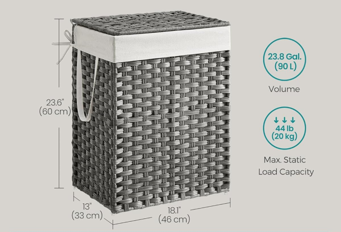 SONGMICS Cos rufe cu capac, ratan sintetic si sac detasabil, 90 L, 46x33x60 cm, gri [9]