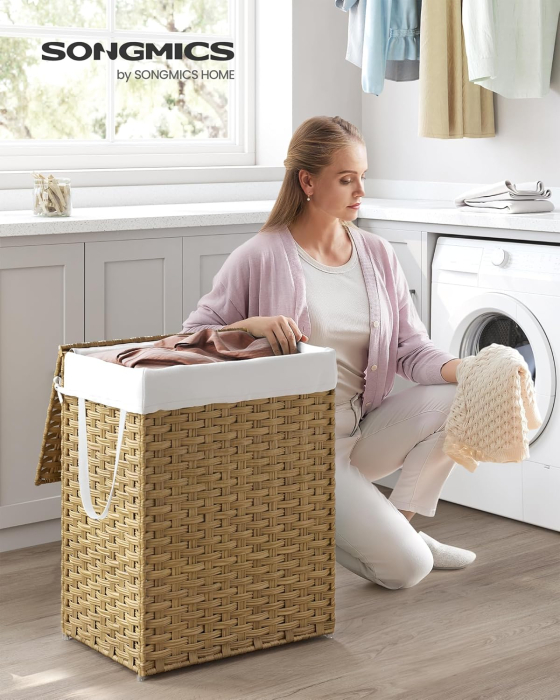 SONGMICS Cos rufe cu capac, ratan sintetic si sac detasabil, 90 L, 46x33x60 cm, natur [2]
