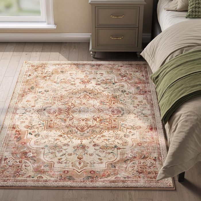 SONGMICS Covor decorativ antiderapant, stil vintage, lavabil la masina, 120×170 cm, bej cappuccino [1]