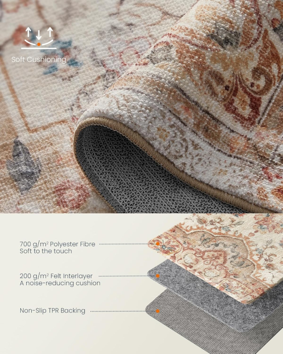 SONGMICS Covor decorativ antiderapant, stil vintage, lavabil la masina, 120×170 cm, bej cappuccino [3]