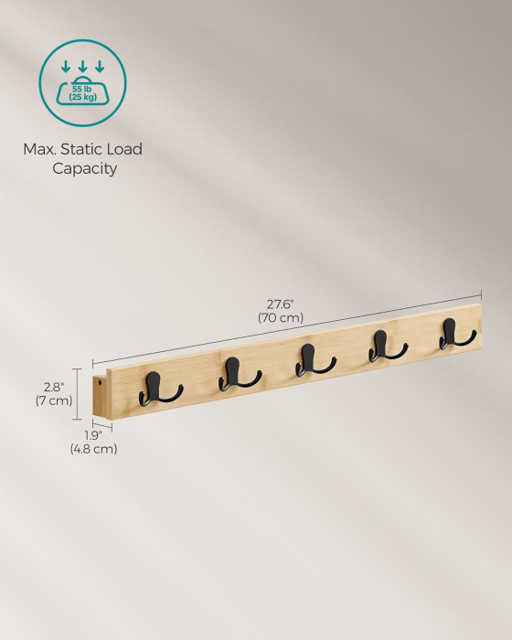 SONGMICS Cuier de perete pentru hol sau baie, 5 carlige duble, 5x70x7 cm, maro natural [7]