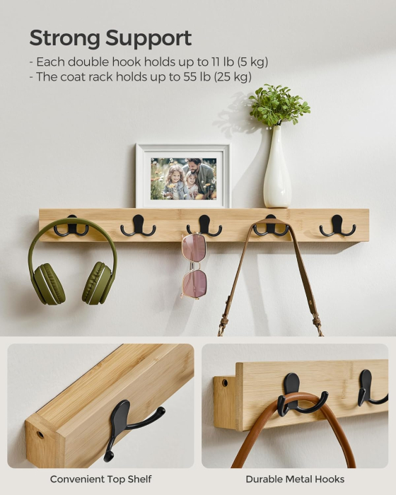 SONGMICS Cuier de perete pentru hol sau baie, 5 carlige duble, 5x70x7 cm, maro natural [4]