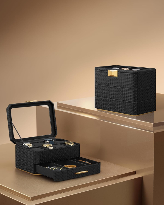 SONGMICS Cutie bijuterii si ceasuri Ronne, 3 niveluri, capac sticla, 27x20x16 cm, negru texturat [3]