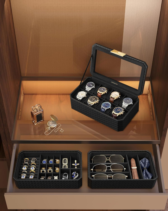 SONGMICS Cutie bijuterii si ceasuri Ronne, 3 niveluri, capac sticla, 27x20x16 cm, negru texturat [5]