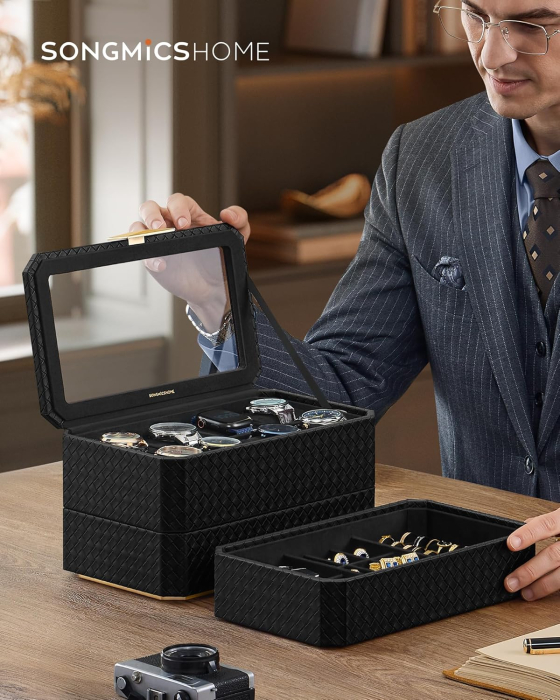 SONGMICS Cutie bijuterii si ceasuri Ronne, 3 niveluri, capac sticla, 27x20x16 cm, negru texturat [6]
