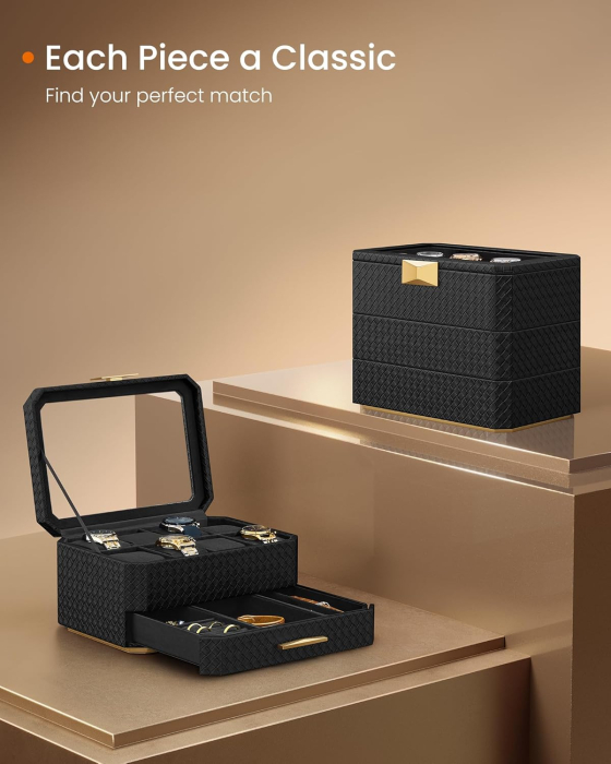 SONGMICS Cutie ceasuri Ronne Collection, 8 sloturi cu compartimente, piele PU impletita, 27x20x15 cm, negru [3]