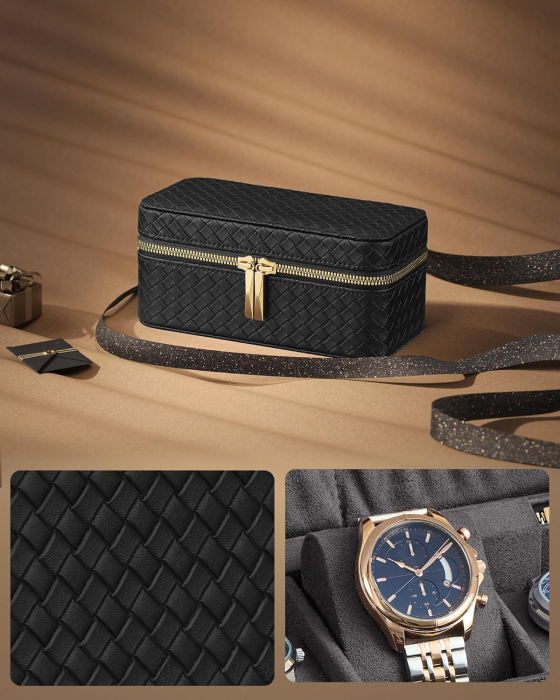 SONGMICS Cutie ceasuri Ronne Collection, pentru 3 ceasuri, piele PU aspect impletit, 10x20x9 cm, negru [2]