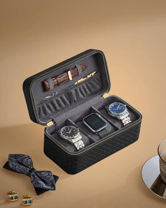 SONGMICS Cutie ceasuri Ronne Collection, pentru 3 ceasuri, piele PU aspect impletit, 10x20x9 cm, negru [5]