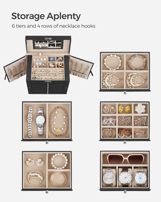 SONGMICS Cutie de bijuterii 6 nivele, 5 sertare, oglinda, suport ceasuri, incuietoare, 16x26x32cm, negru [8]