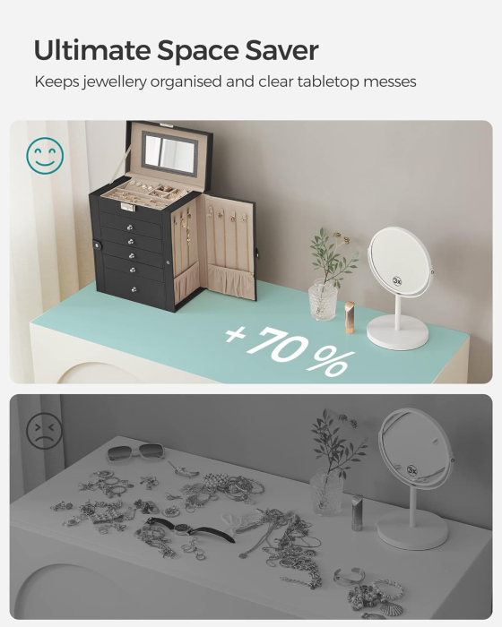 SONGMICS Cutie de bijuterii 6 nivele, 5 sertare, oglinda, suport ceasuri, incuietoare, 16x26x32cm, negru [13]