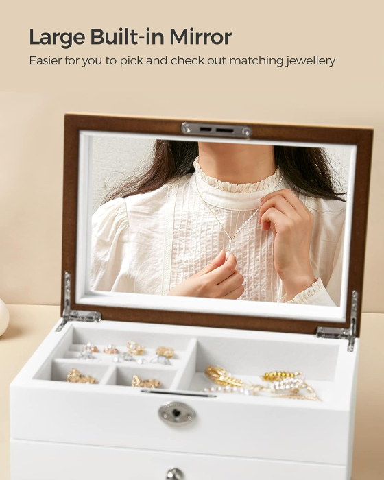 SONGMICS Cutie de bijuterii cu 3 nivele, 2 sertare, capac cu oglinda, 17x25x15cm, alb si maro [6]