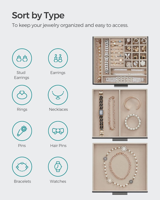 SONGMICS Cutie de bijuterii cu 3 nivele, 2 sertare, capac din sticla si incuietoare, 20x23x14cm, negru [7]