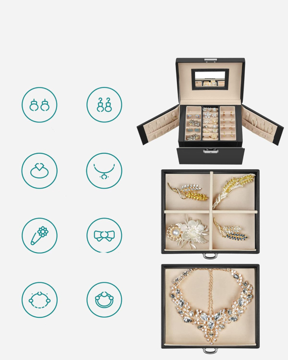 SONGMICS Cutie de bijuterii cu 3 nivele, 2 sertare, oglinda si incuietoare, 14x18x14cm, negru [3]