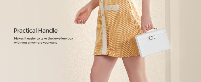 SONGMICS Cutie de bijuterii cu 3 niveluri, oglinda, incuietoare cu maner, 2 sertare, 14x18x14cm, alb [10]