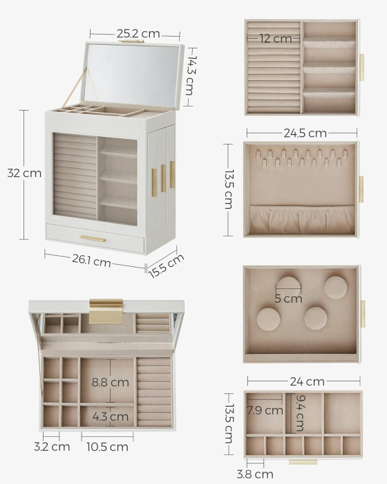 SONGMICS Cutie de bijuterii cu 3 sertare laterale, fereastra si oglinda mare, 16x26x32 cm, alb [7]