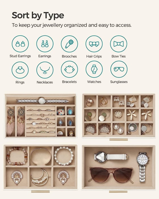 SONGMICS Cutie de bijuterii cu 4 nivele, 3 sertare, capac din sticla, 22x25x15cm, alb si auriu [3]