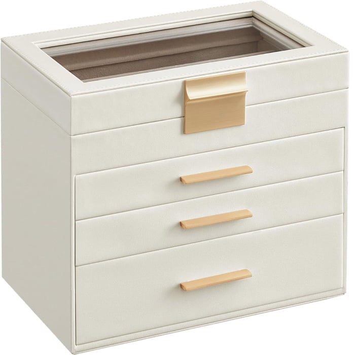 SONGMICS Cutie de bijuterii cu 4 nivele, 3 sertare, capac din sticla, 22x25x15cm, alb si auriu [1]