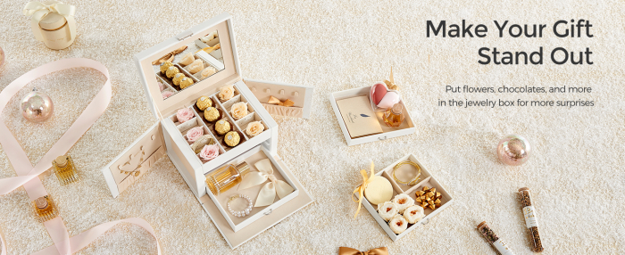 SONGMICS Cutie de bijuterii cu 4 nivele, 3 sertare, oglinda si incuietoare, 18x23x17cm, alb [12]