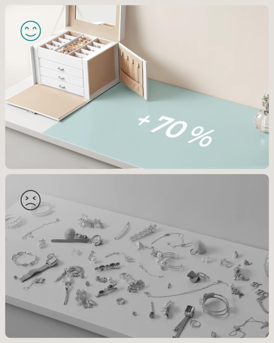 SONGMICS Cutie de bijuterii cu 4 nivele, 3 sertare, oglinda si incuietoare, 18x23x17cm, alb [10]