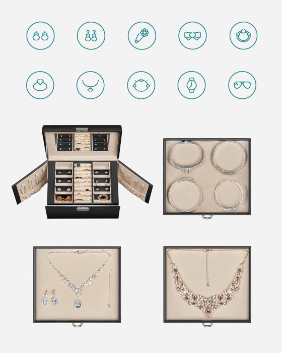 SONGMICS Cutie de bijuterii cu 4 nivele, 3 sertare, oglinda si incuietoare, 18x23x17cm, negru [7]