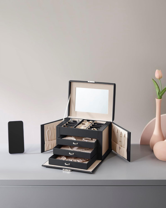 SONGMICS Cutie de bijuterii cu 4 nivele, 3 sertare, oglinda si incuietoare, 18x23x17cm, negru [3]