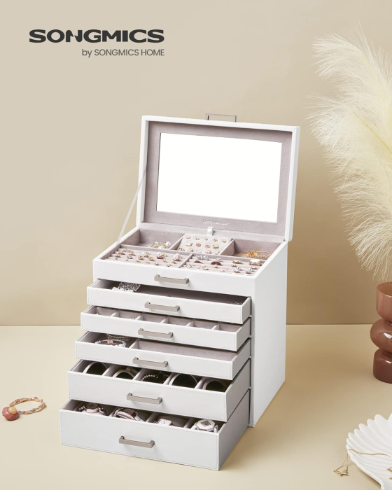 SONGMICS Cutie de bijuterii din MDF cu 6 nivele, 5 sertare, cu oglinda 31x32x22cm, alb [2]